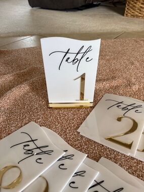 White & Gold Table Number Sign - Elegant Script
